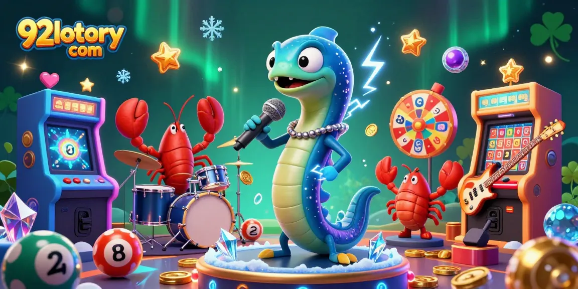 Engage with 92lottery com through this vibrant casino illustration showcasing an electric eel DJ and lottery elements.