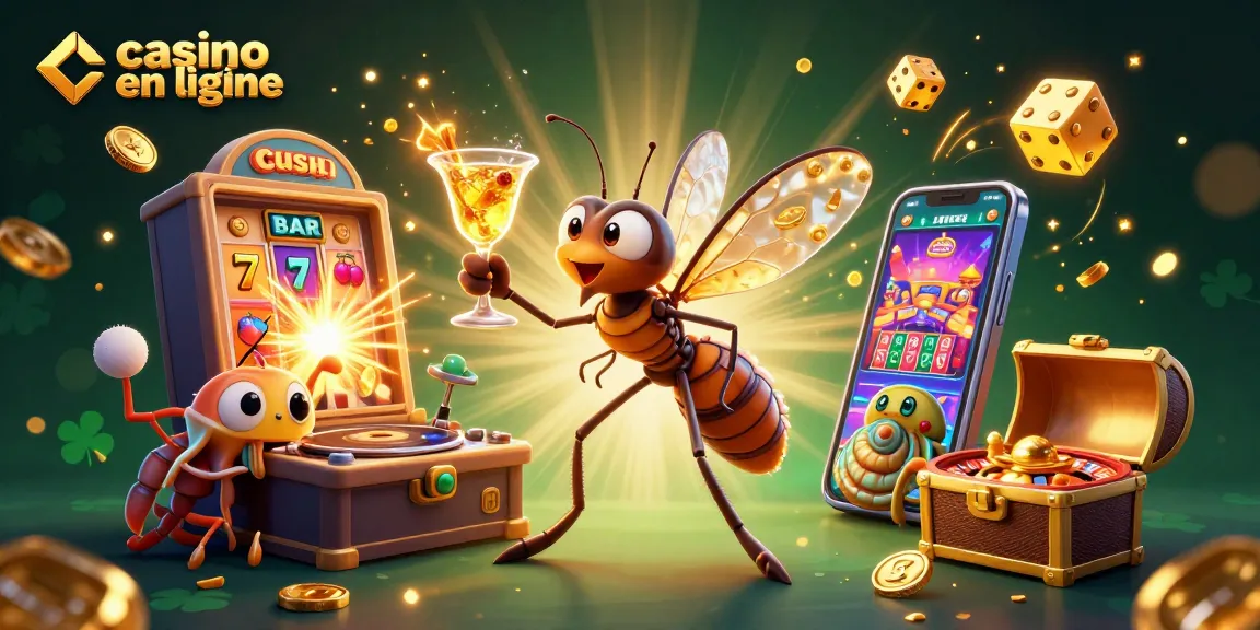 Illustration dynamique de mascotte de casino en ligne avec un moustique et une machine à sous.