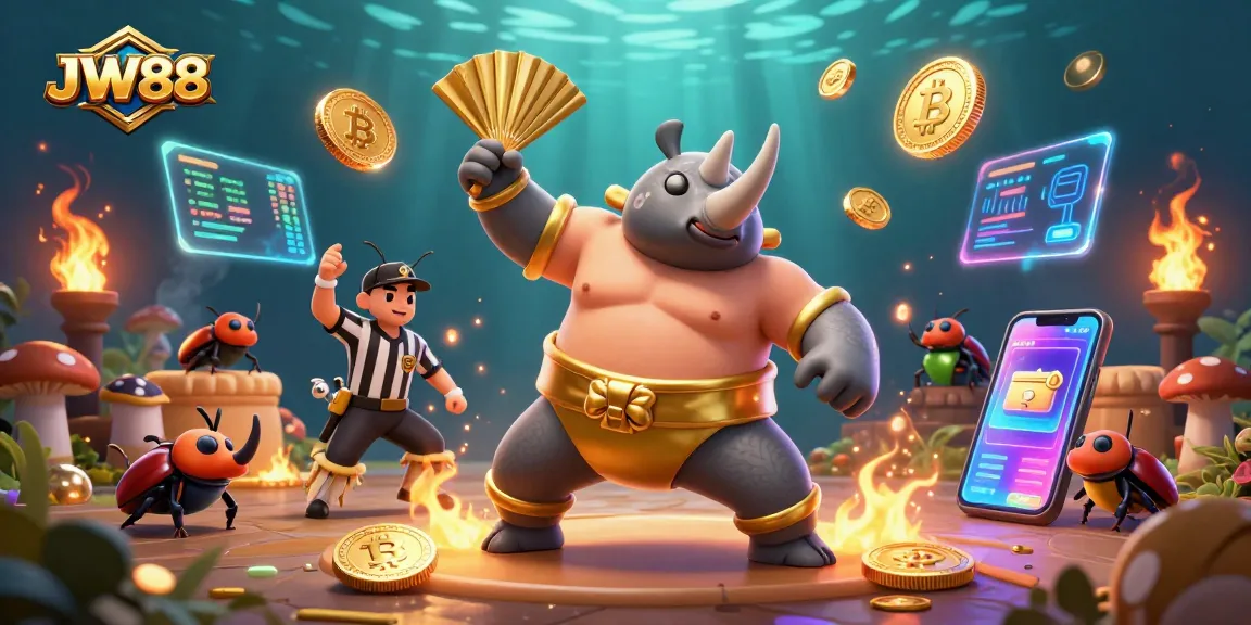 Engage with JW88's vibrant 3D casino scene featuring a beetle sumo champion and crypto elements.
