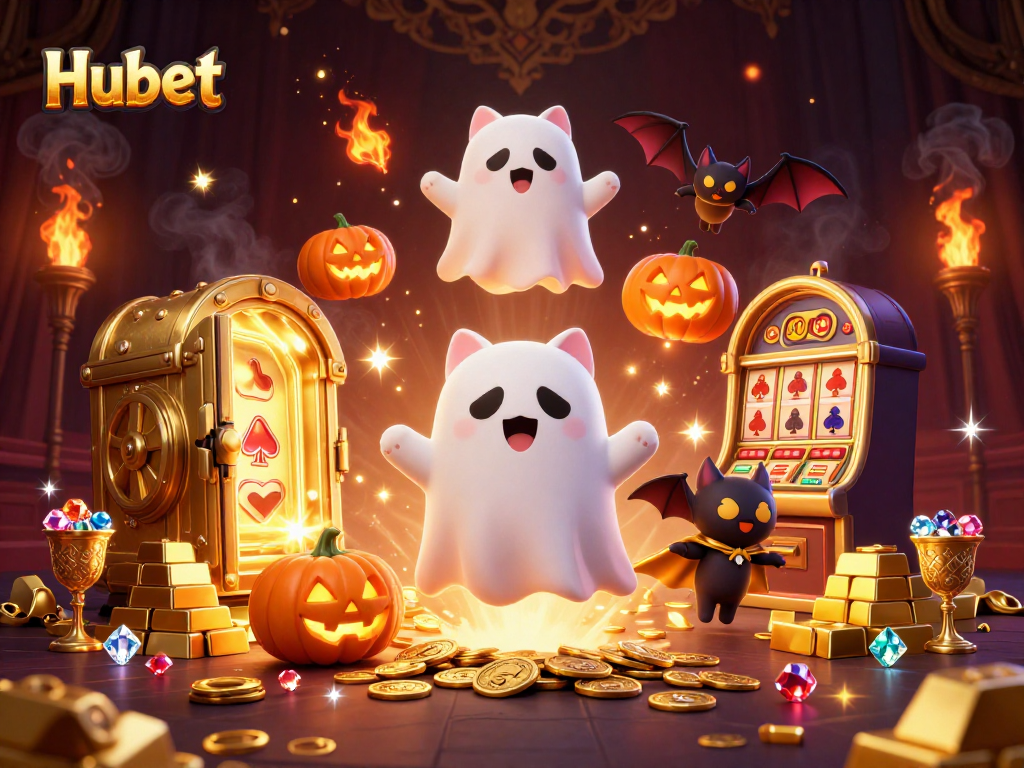 Experience thrilling games and wins at Hubet, featuring a ghost cat in a haunted casino with gold treasures.