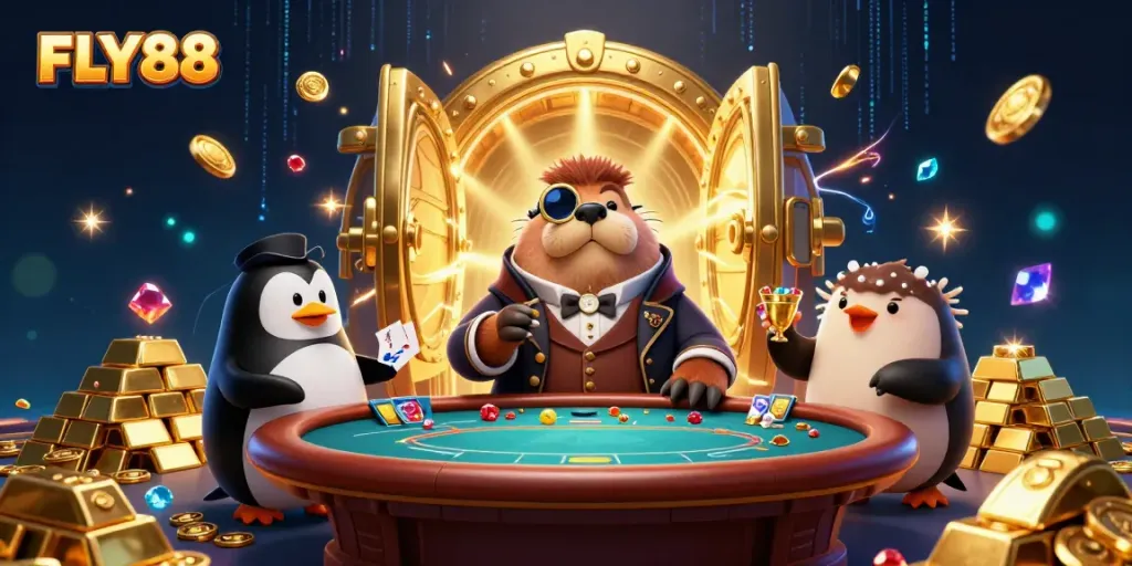 FLY88 casino scene with a jolly walrus, sophisticated penguin dealer, and a bluffing pufferfish surrounded by treasure.