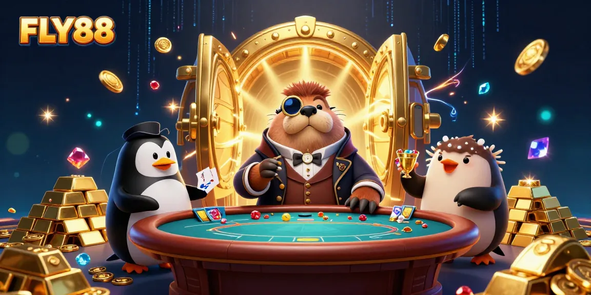 FLY88 casino scene with a jolly walrus, sophisticated penguin dealer, and a bluffing pufferfish surrounded by treasure.