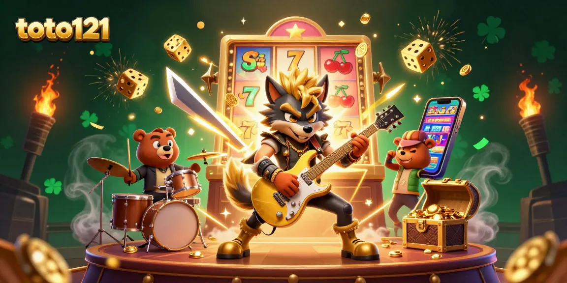 Experience excitement at toto121 with a vibrant slot machine, golden dice, and lively characters.