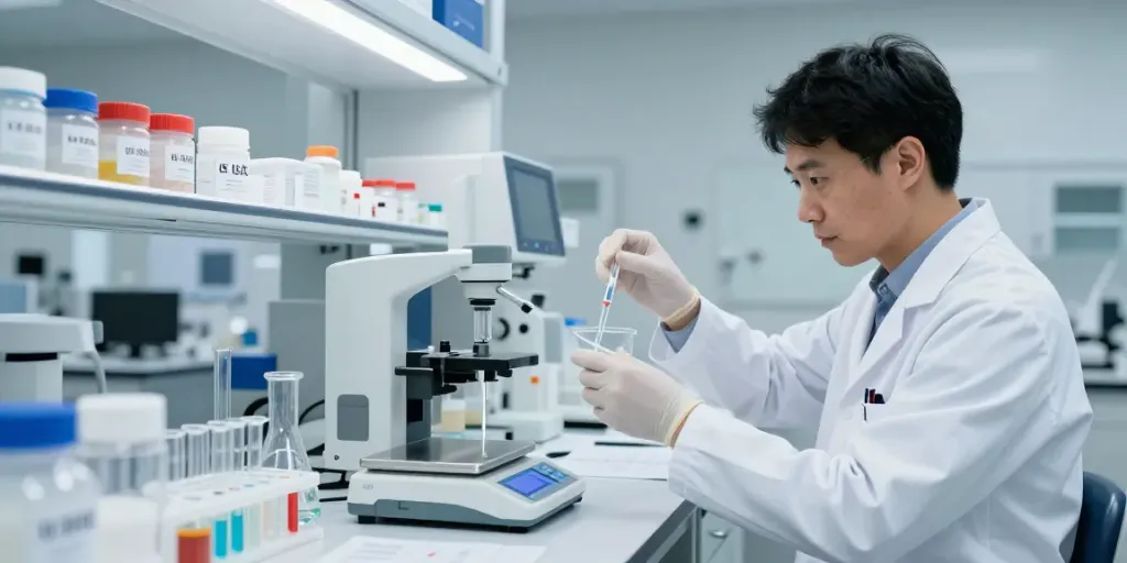 Scientist measuring peptides made in USA in a modern lab.