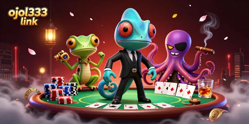Engage with strategy at ojol333 link as colorful characters animate a vibrant poker scene.