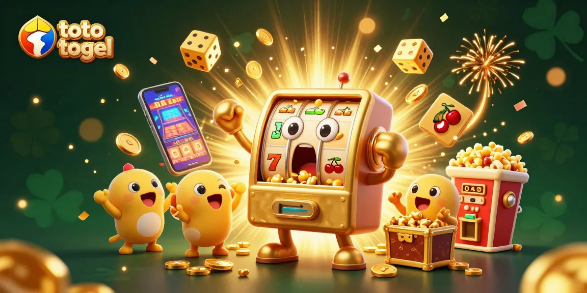 Slot jackpot toto togel menyenangkan dengan mesin slot emas yang terkejut dan koin berhamburan.