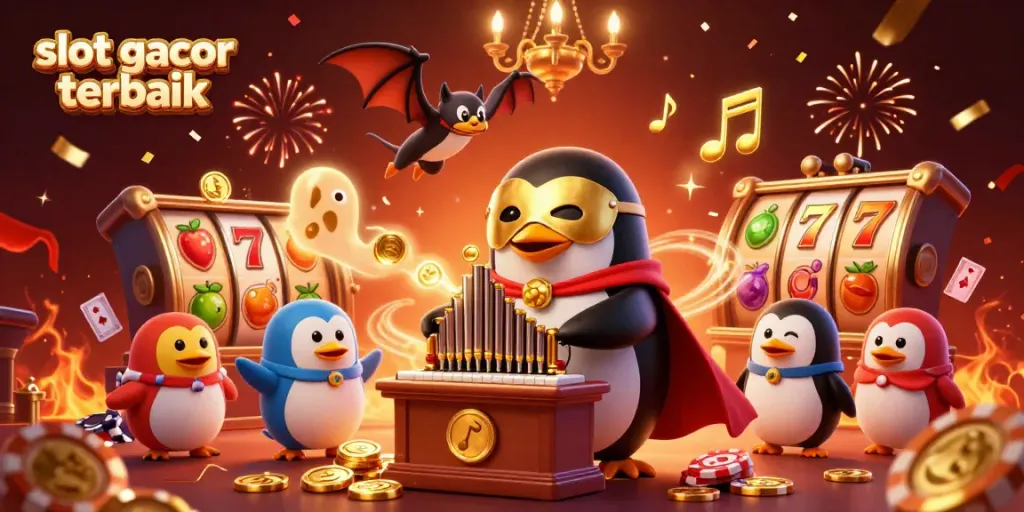 Ikon slot gacor terbaik menampilkan penguin fantasi dan elemen kasino.