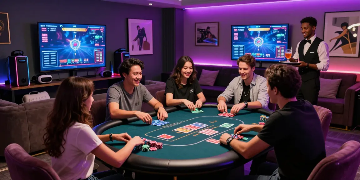 Suasana lounge permainan mewah dengan teman-teman bermain poker di meja, menciptakan pengalaman LUXURY777 yang mengasyikkan dan elegan.
