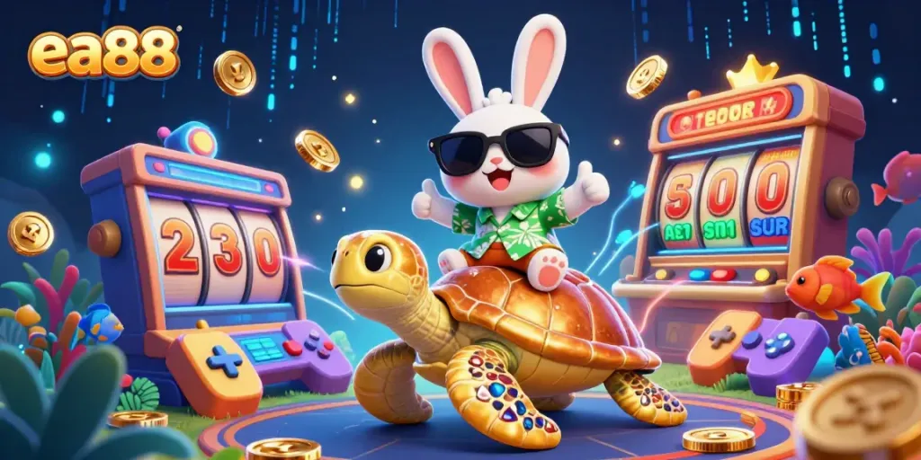 Experience winning with ea88 at a vibrant casino scene featuring a lucky rabbit and golden turtle.