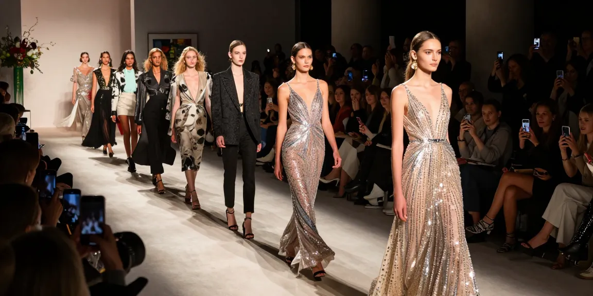 Model mengenakan gaun mewah di runway luxury111 dengan pencahayaan dramatis di sekitar pertunjukan fashion.