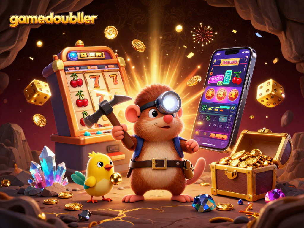 Experience exciting gaming at gamedoubler with vibrant slot machine scenes and treasure hunters.