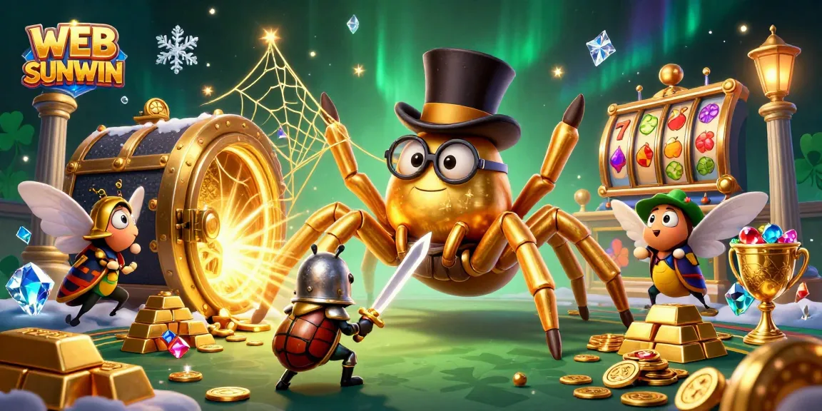WEB SUNWIN brings excitement with a golden tarantula and a brave beetle amidst casino treasures.