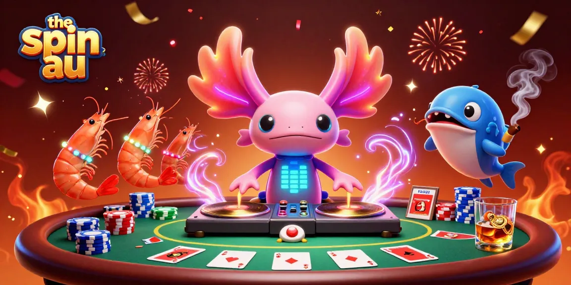 The spin au brings vibrant energy as cartoon characters celebrate casino wins amidst poker tables and glowing confetti.