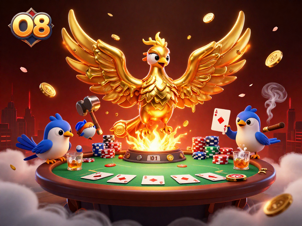 Engage with O8's thrilling world of golden phoenix and poker elements in a captivating casino scene.