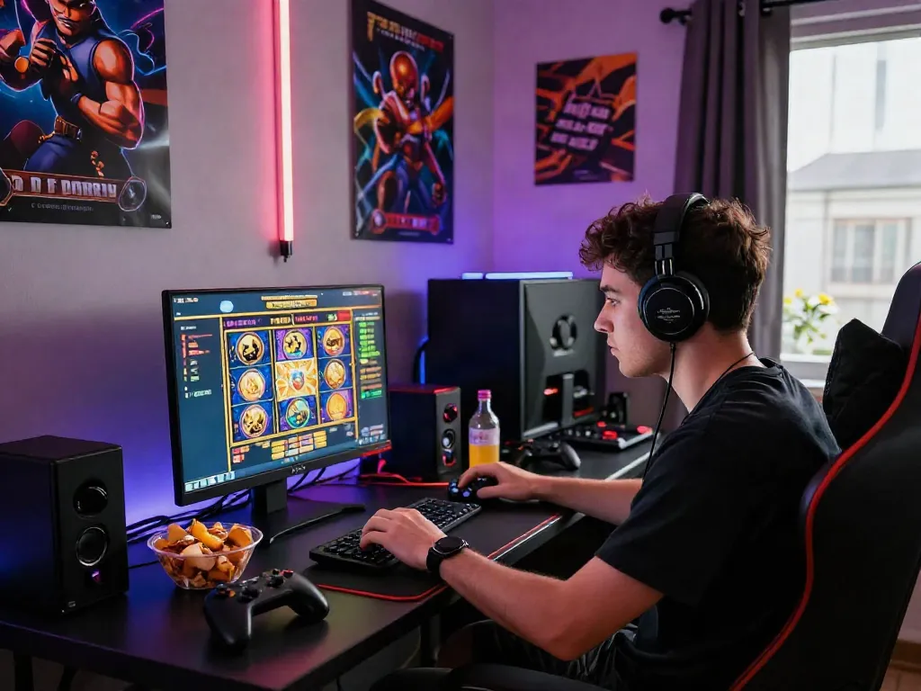 Exciting gaming scene highlighting slot gacor maxwin experience with player immersed in action, modern tech setup.