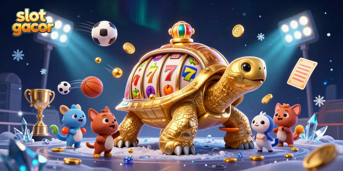 Play engaging slot gacor as cartoon tortoise hosts exciting games, surrounded by sports and golden treasures.
