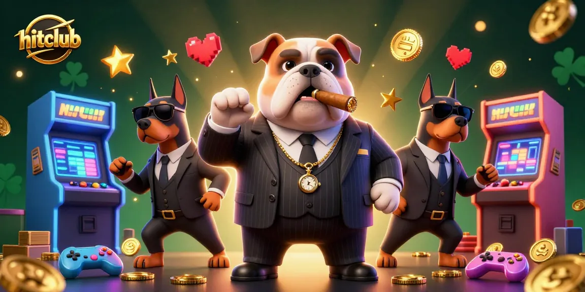 Experience thrilling gameplay at hitclub with a dynamic scene featuring a mafia bulldog and Doberman bodyguards amidst vibrant arcade elements.