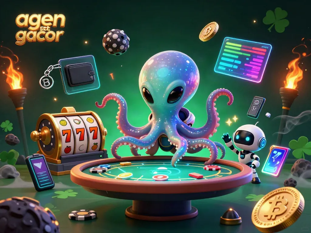 Engage with agen slot gacor as an alien octopus plays poker with cryptocurrency-inspired elements.