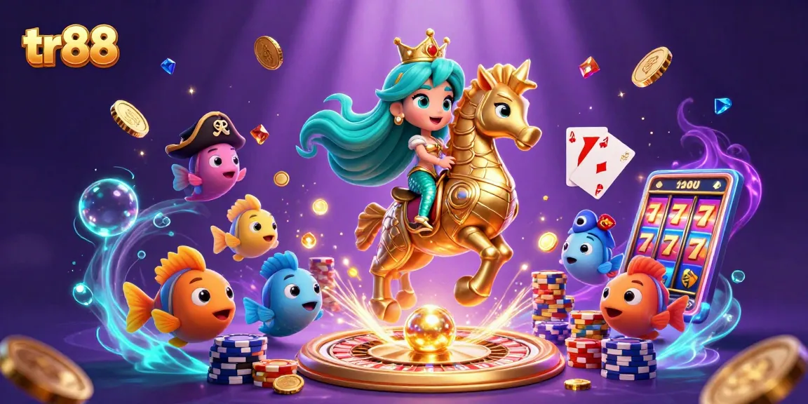 tr88 showcases an exciting 3D casino scene with a mermaid, seahorse, and vibrant games.