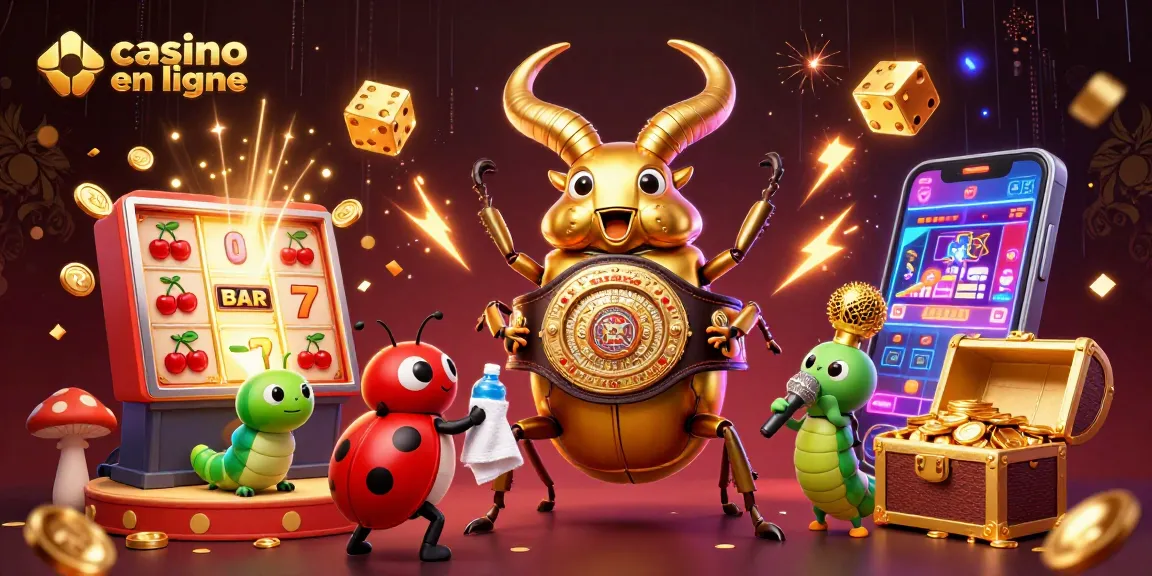 Visuel vibrant du monde des casinos en ligne avec un scarabée et une machine à sous explosant de pièces.