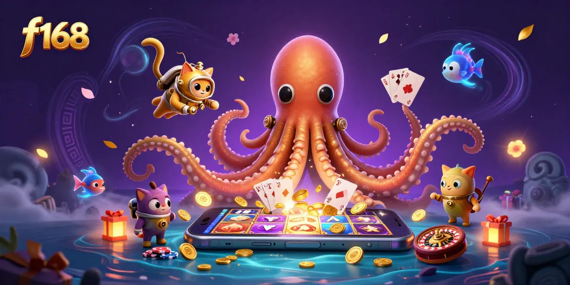 Experience thrilling gameplay with f168's vibrant illustration of a kraken, diving cat, and deep-sea fish.