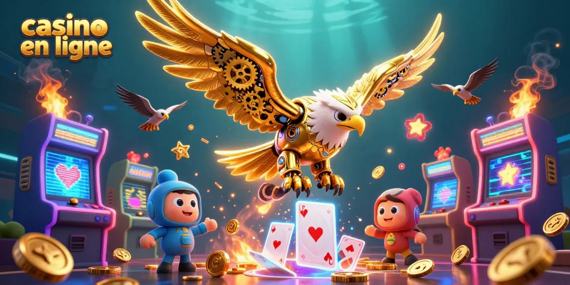 Volez avec l'aigle cybernétique parmi les cartes de casino en ligne, symbole de chance et d'excitation.