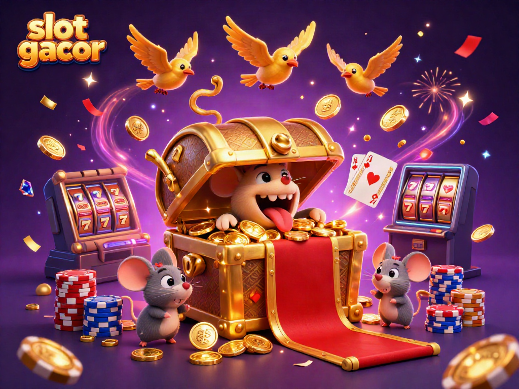 Engaging illustration showcasing slot gacor adventure with treasure chest, mice, and flying coins.