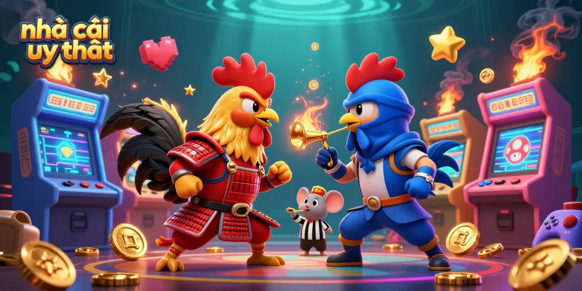 Compete with nhà cái uy tín in a colorful 3D casino showdown featuring dynamic cartoon roosters.