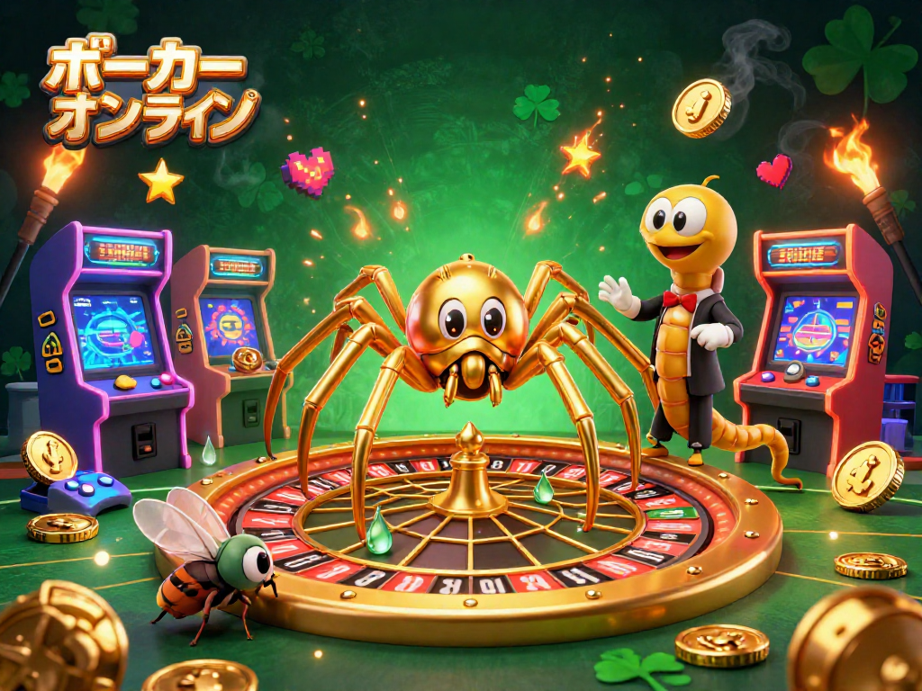 ポーカー オンラインで楽しむための楽しいキャラクターとゲームの世界を描いたイラストです。