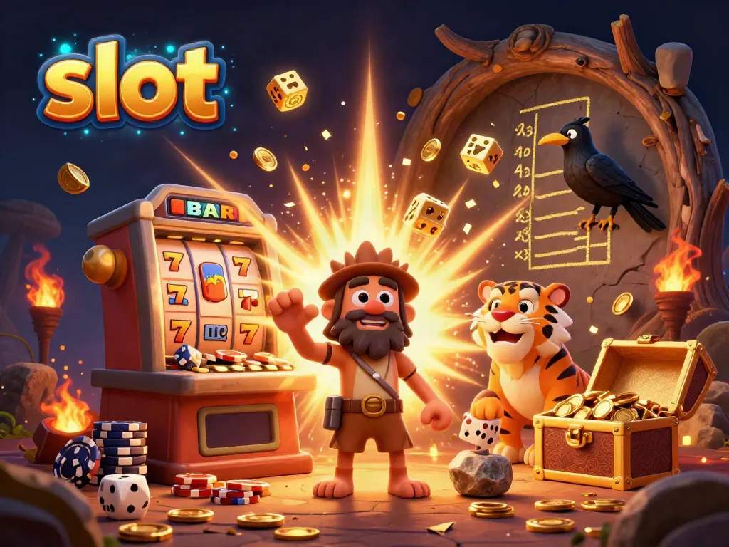 Engage with vibrant slot themes featuring a caveman and sabertooth duo in a prehistoric casino.