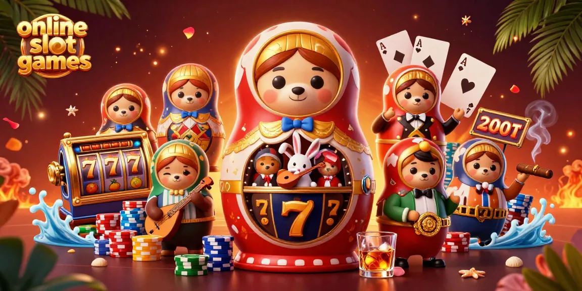 Engage with online slot games through vibrant 3D bears and lively casino elements in this detailed illustration.