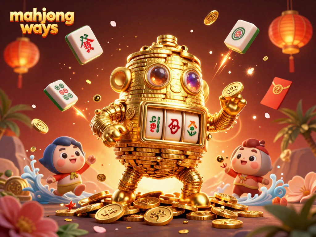 Engage in Mahjong Ways gameplay with an ancient golden golem amidst vibrant casino elements.