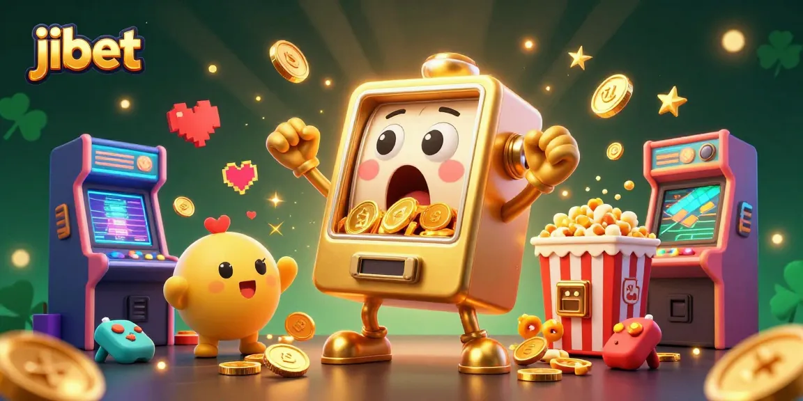 Exciting jibet gaming scene with a golden slot machine celebrating a jackpot amid dazzling arcade elements.