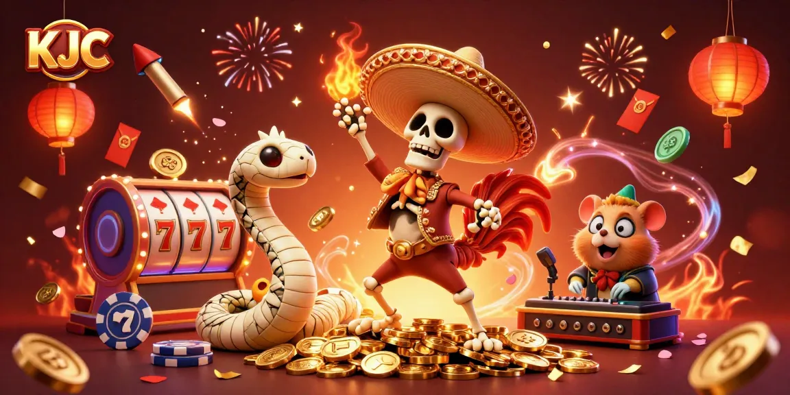 KJC celebrates gambling wins with vibrant 3D illustration of a mariachi rooster, mummy snake, and DJ hamster.