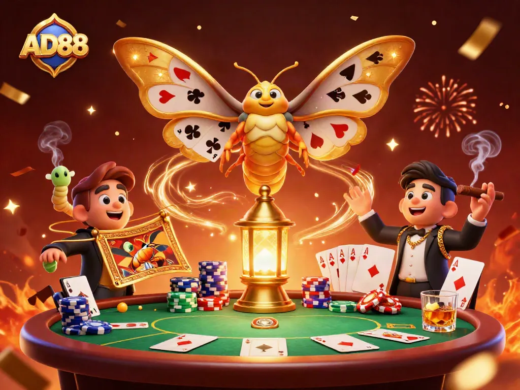 Engage with AD88's vibrant casino atmosphere featuring 3D characters celebrating with poker elements.