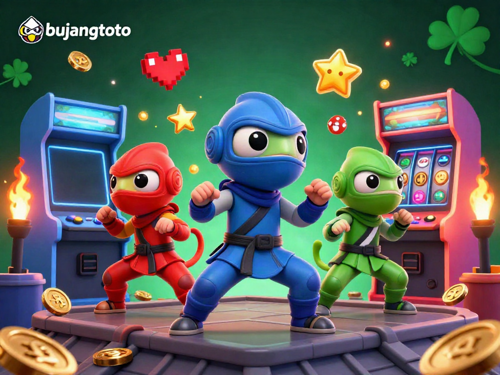 Engage with the vibrant bujangtoto scene showcasing a chameleon team in martial arts poses amidst glowing arcade elements.