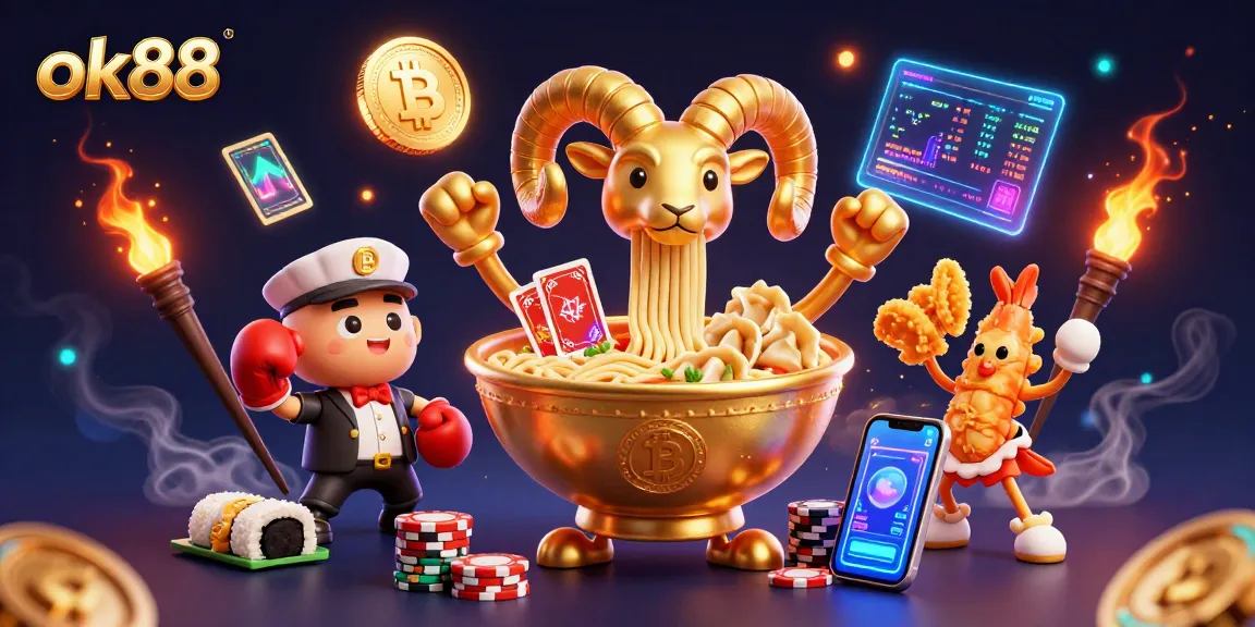 Engage with the action at ok88 with a vibrant 3D casino scene featuring a golden ramen bowl dealer.