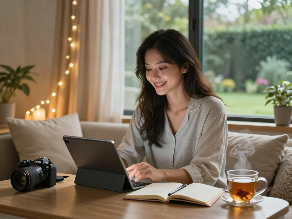 Engaging with girlfriend AI in a cozy home setting, highlighting digital companionship.