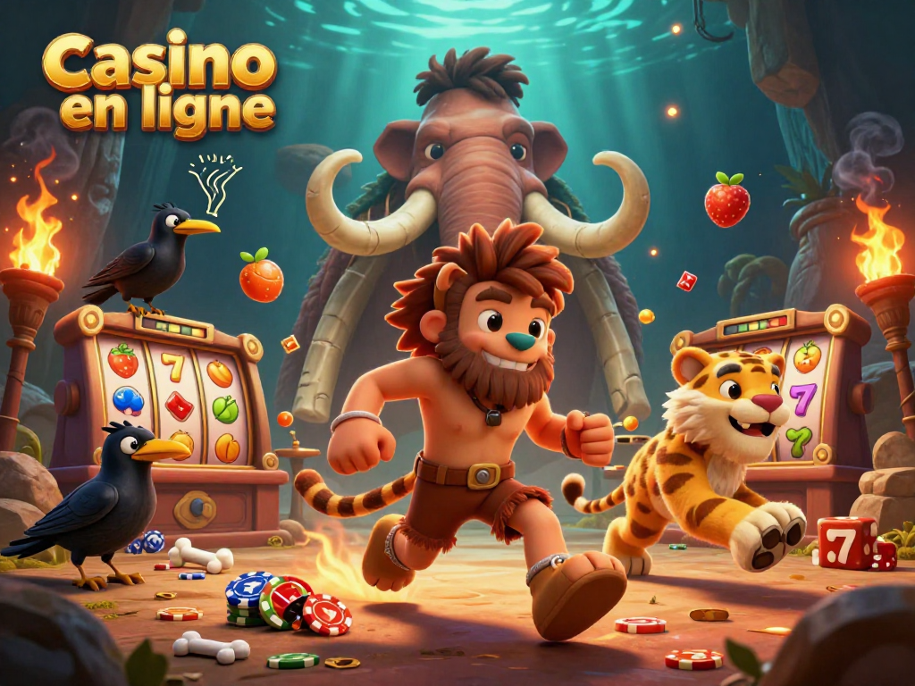 Une scène dynamique de casino en ligne avec des personnages animaux jouant et affichant des éléments de jeux de casino.