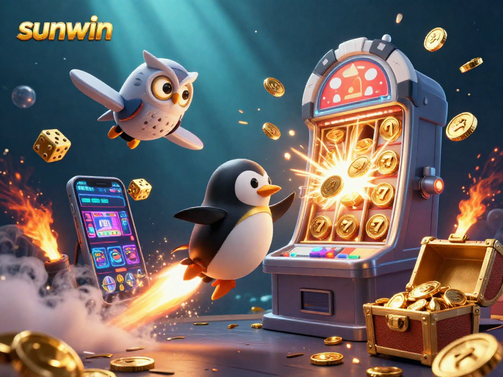 Experience the thrill of sunwin as a golden penguin rockets towards a casino station layered with vibrant gaming elements.