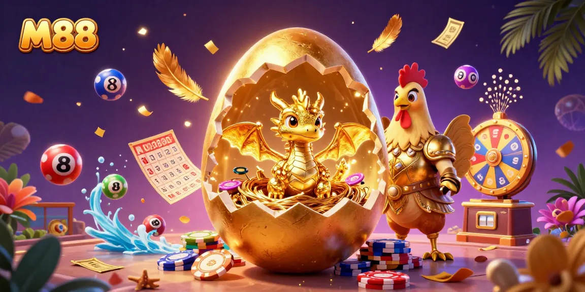 M88 showcases thrilling online gaming with a golden dragon on poker chips and vibrant lottery elements.
