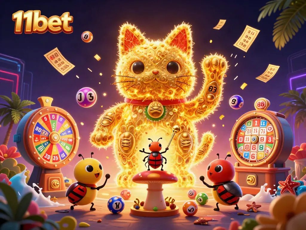 Win big with 11bet's vibrant casino experience featuring a dynamic lucky cat and colorful symbols.