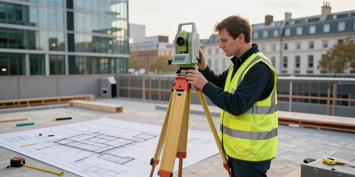 Measured building surveys London in action, surveyor using total station at urban site.