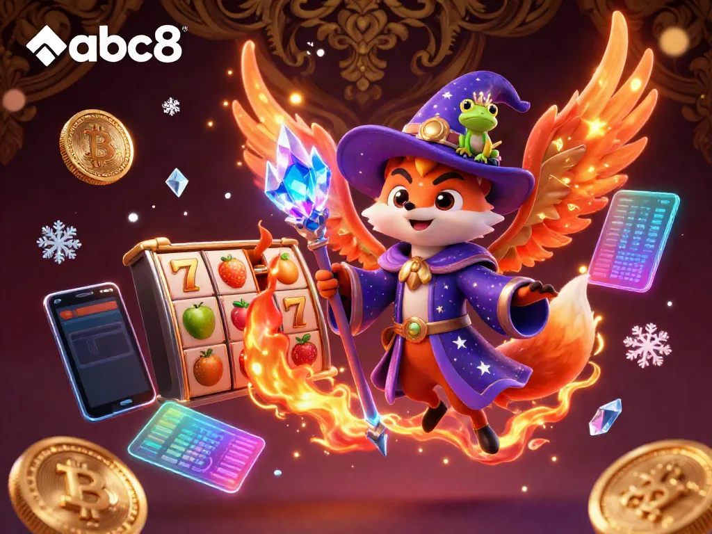 Engage with abc8's thrilling casino experience featuring a mystical fox wizard and vibrant slot elements.