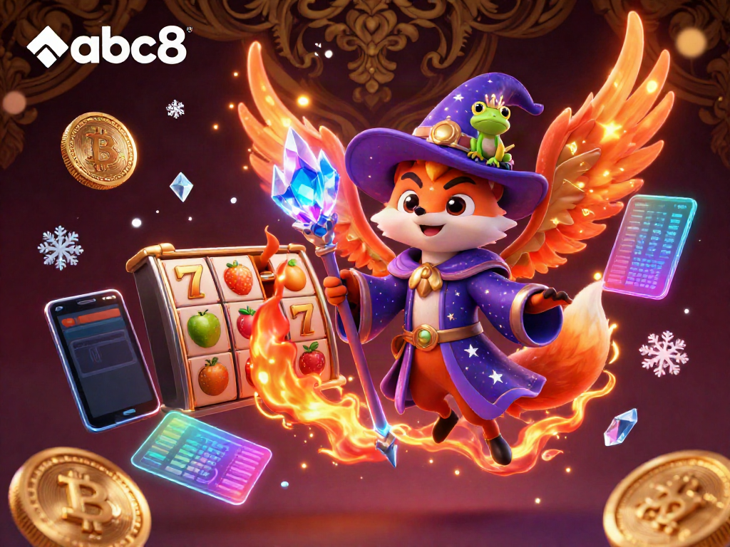 Engage with abc8's thrilling casino experience featuring a mystical fox wizard and vibrant slot elements.