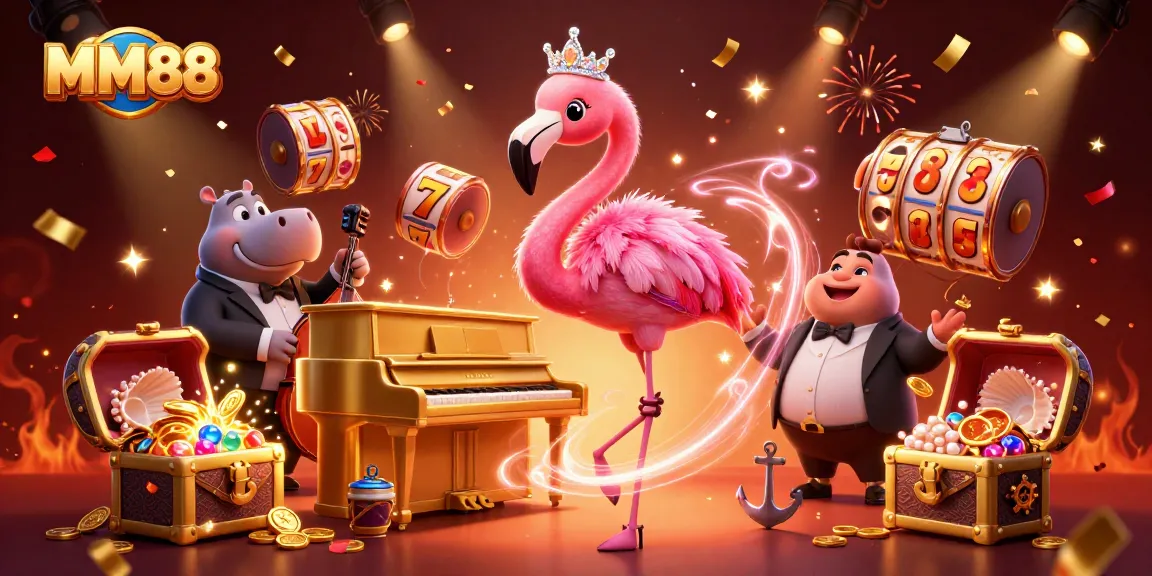 Join the excitement of MM88 with vibrant casino scenes featuring a flamingo singer and hippo bassist.