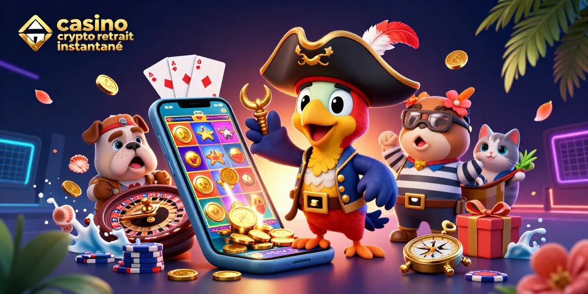 Casino crypto retrait instantané : Illustration d'un pirate et ses compagnons donnant vie à l'univers des jeux.