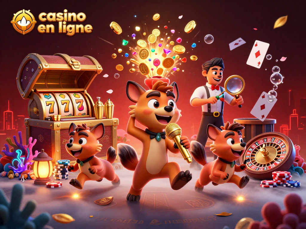 Casino en ligne animé, hyènes comiques dans un club avec jeux et ambiance festive.