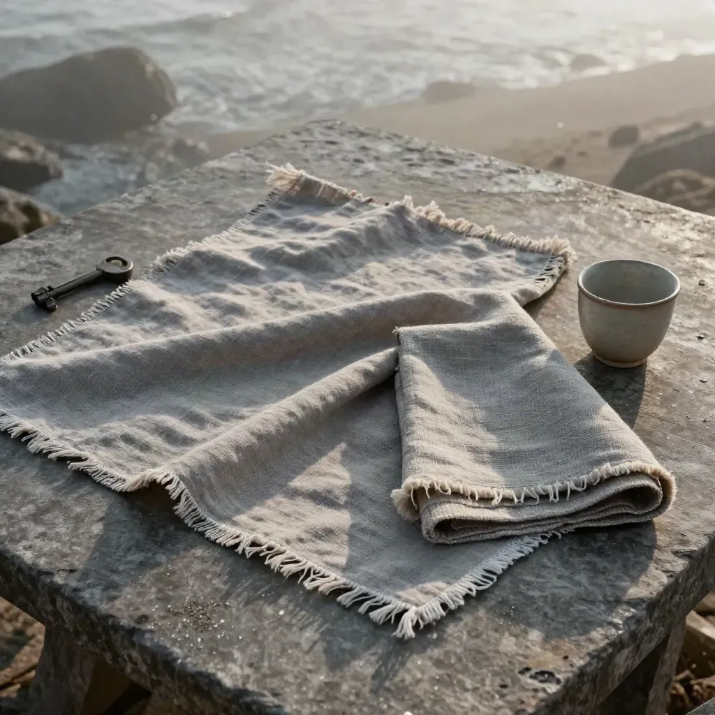 Top-down linen swatches, napkin, and ceramic cup on stone in cool coastal morning light.