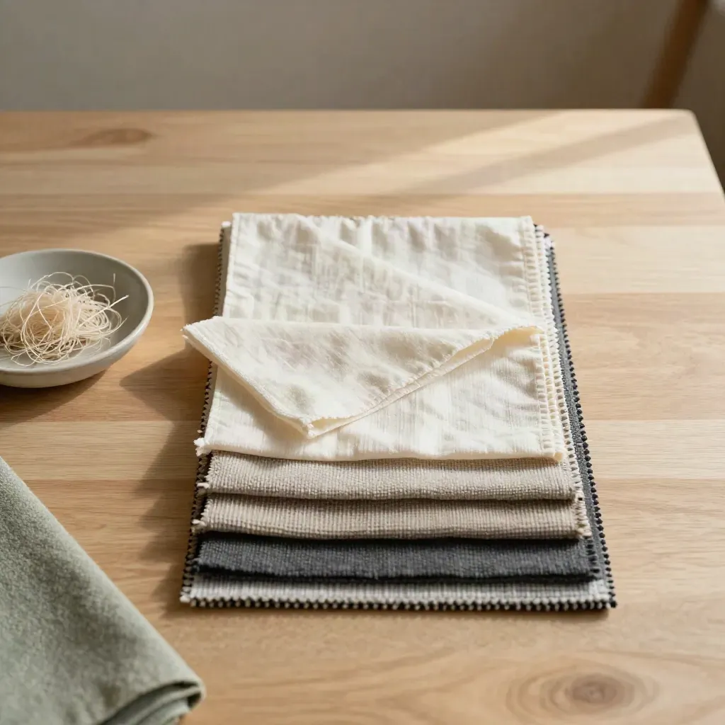 Cotton swatches and thread offcuts on pale oak, overhead in warm window light.